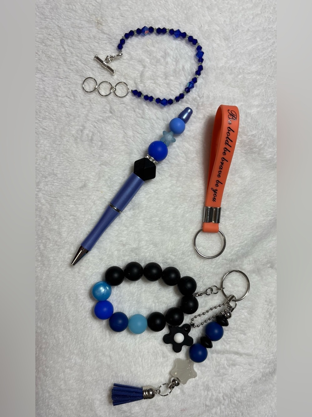 Beaded Blue Keychain Bracelet and Pen Set